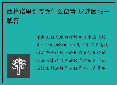 西格诺里到底踢什么位置 球迷困惑一解答 西格诺里到底踢什么位置 球迷困惑一解答